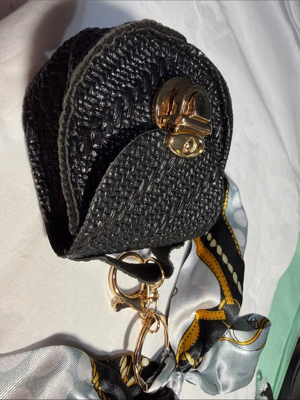 Black Woven Mini Purse Keychain with Gold Hardware with Silky Bow